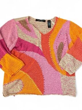 Vintage Crazyhorse V-Neck Knit Sweater - Pink Orange Multicolor